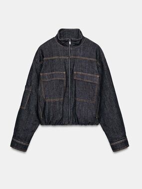 Zara dark denim puffer high collar bomber jacket